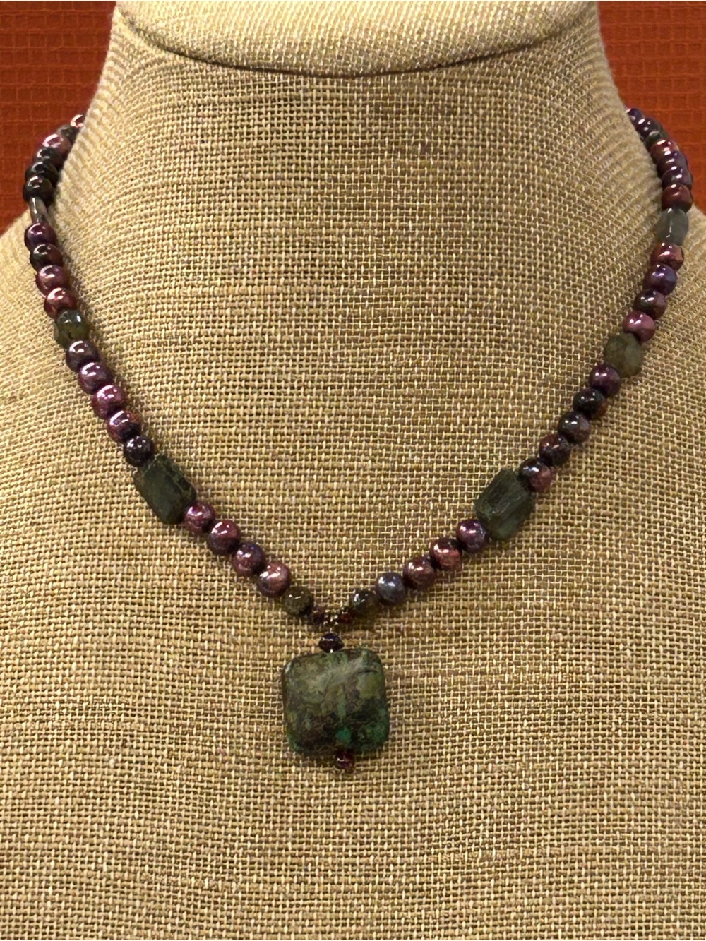 Artisan freshwater pearl serpentine and polished garnet necklace  sterling clasp